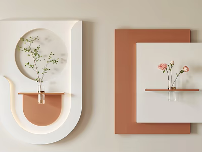Modern Geometric Wall Decor with White Brown Frames and Green Pink Flowers on Shelves 3d model