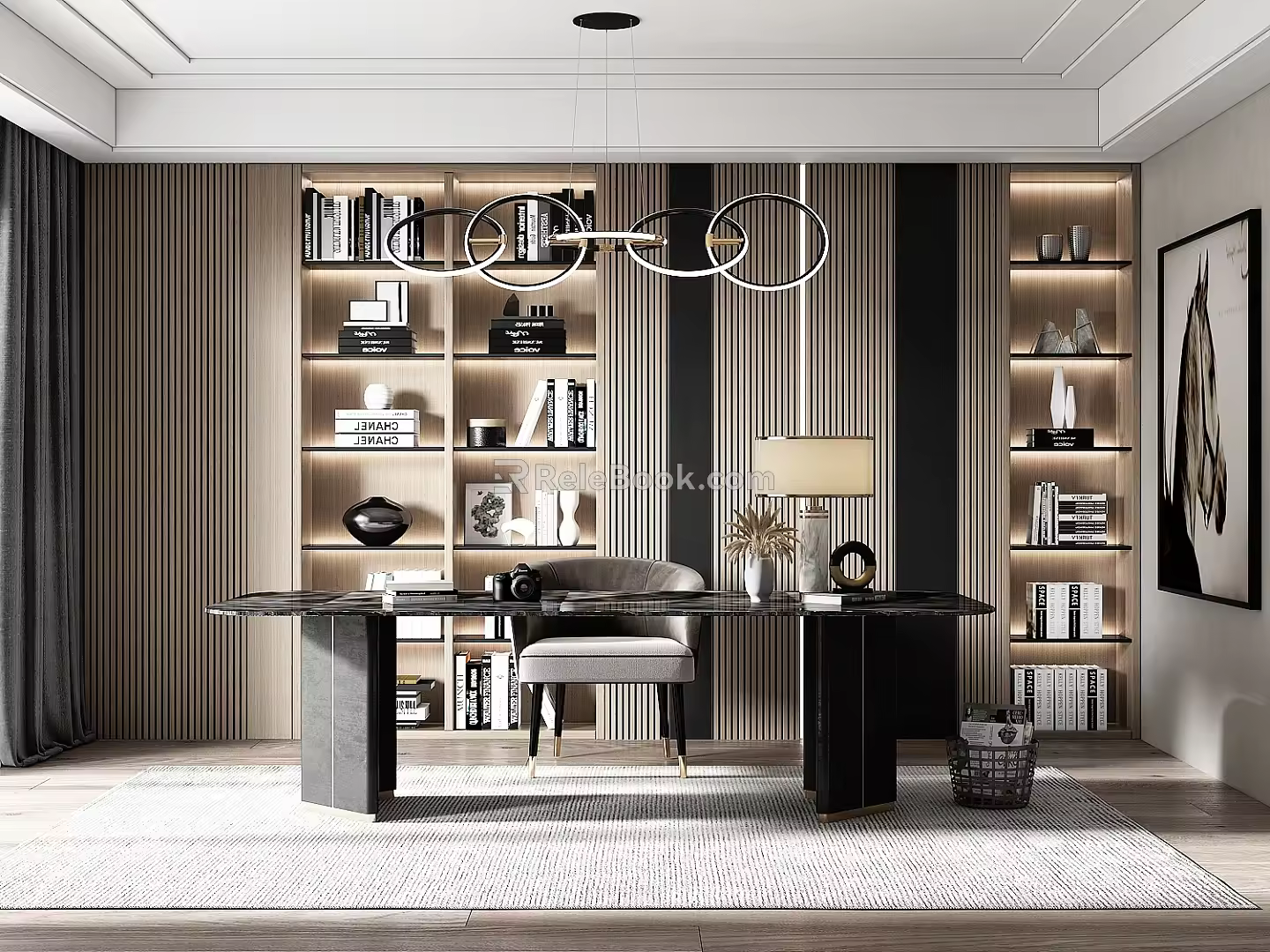 Light Luxury Study Desk Writing Desk Bookcase Bookshelf Display Locker Study Chandelier Grille Background Wall 3d model