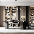 Light Luxury Study Desk Writing Desk Bookcase Bookshelf Display Locker Study Chandelier Grille Background Wall 3d model