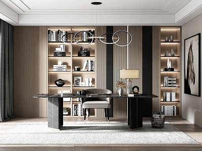 Light Luxury Study Desk Writing Desk Bookcase Bookshelf Display Locker Study Chandelier Grille Background Wall 3d model