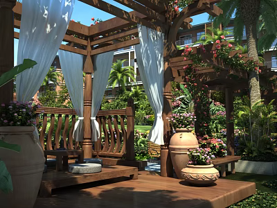 Courtyard Garden Featuring Wooden Pergola White Curtains Terracotta Pots Flowers Green Plants and Wooden Flooring 3d model