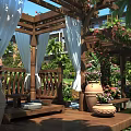 Courtyard Garden Featuring Wooden Pergola White Curtains Terracotta Pots Flowers Green Plants and Wooden Flooring