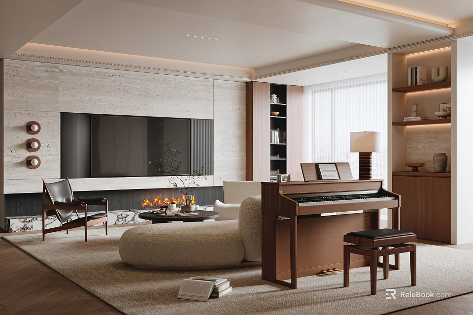 Modern Living Room Interior Design With Fireplace Large TV Beige Sofa And Piano 3d model 