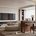 Modern Living Room Interior Design With Fireplace Large TV Beige Sofa And Piano