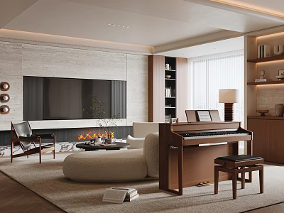 Modern Living Room Interior Design With Fireplace Large TV Beige Sofa And Piano 3d model