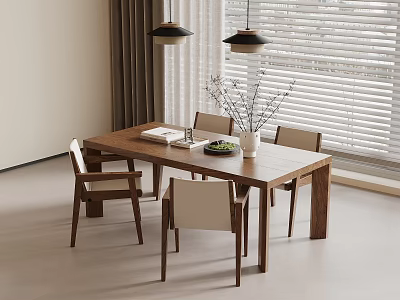Wooden Dining Table Set With Four Chairs Vase Branches Book And Fruit Plate 3d model