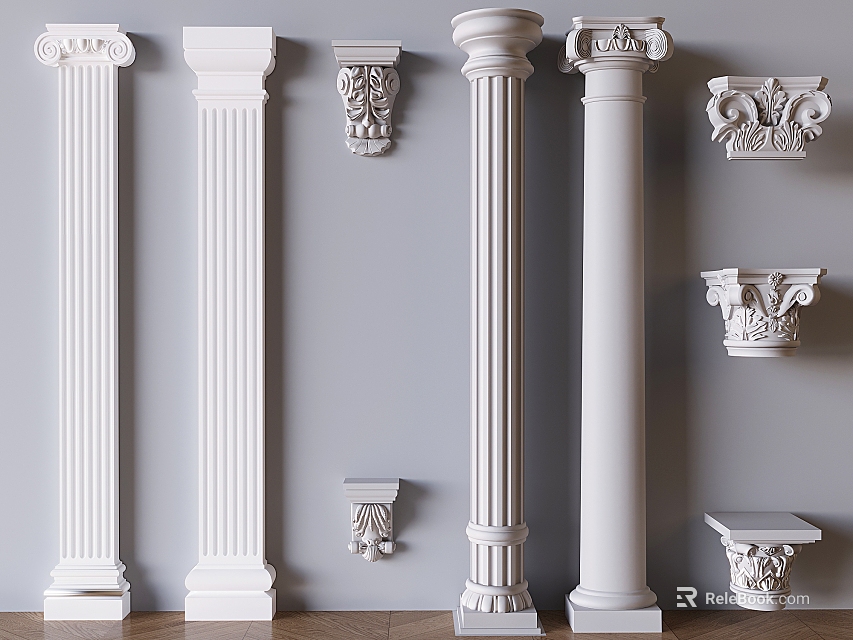 White Classical Columns Display Various Decorative Capitals And Architectural Details 3d model 