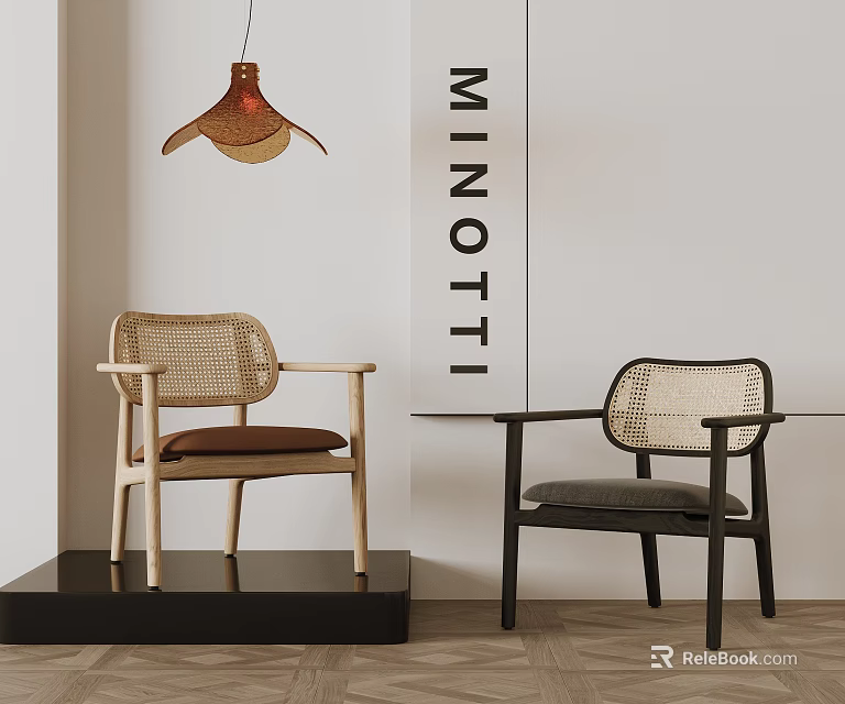 Minotti Dining Chairs With Rattan Backrest Light Dark Wood Frame Brown Gray Cushion 3d model 