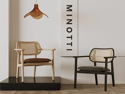 Minotti Dining Chairs With Rattan Backrest Light Dark Wood Frame Brown Gray Cushion 3d model