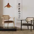 Minotti Dining Chairs With Rattan Backrest Light Dark Wood Frame Brown Gray Cushion