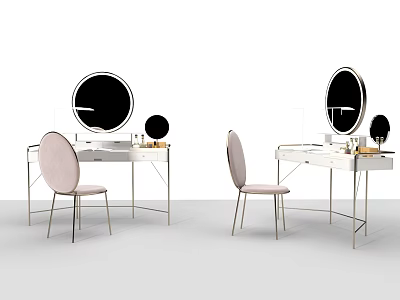 Elegant Dressing Table With Round Mirror Metal Frame White Countertop And Pink Chair 3d model