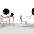 Elegant Dressing Table With Round Mirror Metal Frame White Countertop And Pink Chair