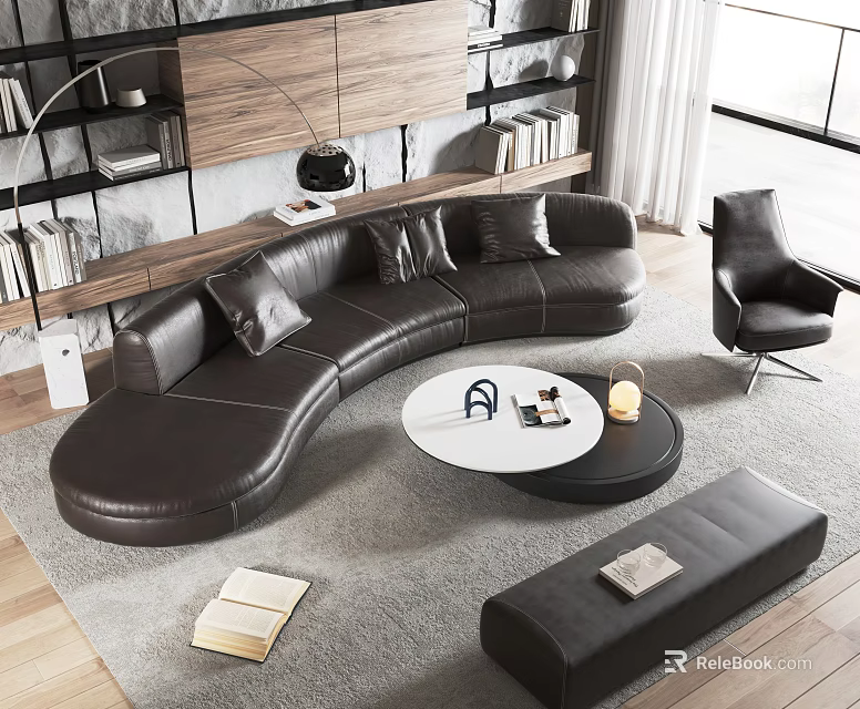 Modern Black Curved Leather Sofa And Round White Black Coffee Table Set In Living Room 3d model 