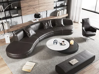 Modern Black Curved Leather Sofa And Round White Black Coffee Table Set In Living Room 3d model
