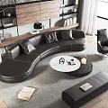 Modern Black Curved Leather Sofa And Round White Black Coffee Table Set In Living Room