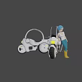 Futuristic Silver Motorcycle With Transparent Windshield And Blue Haired Woman Standing Beside