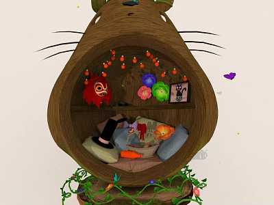 Wooden Decorative Nook With Colorful Balls Sofa Carrot Decor And Vines 3d model