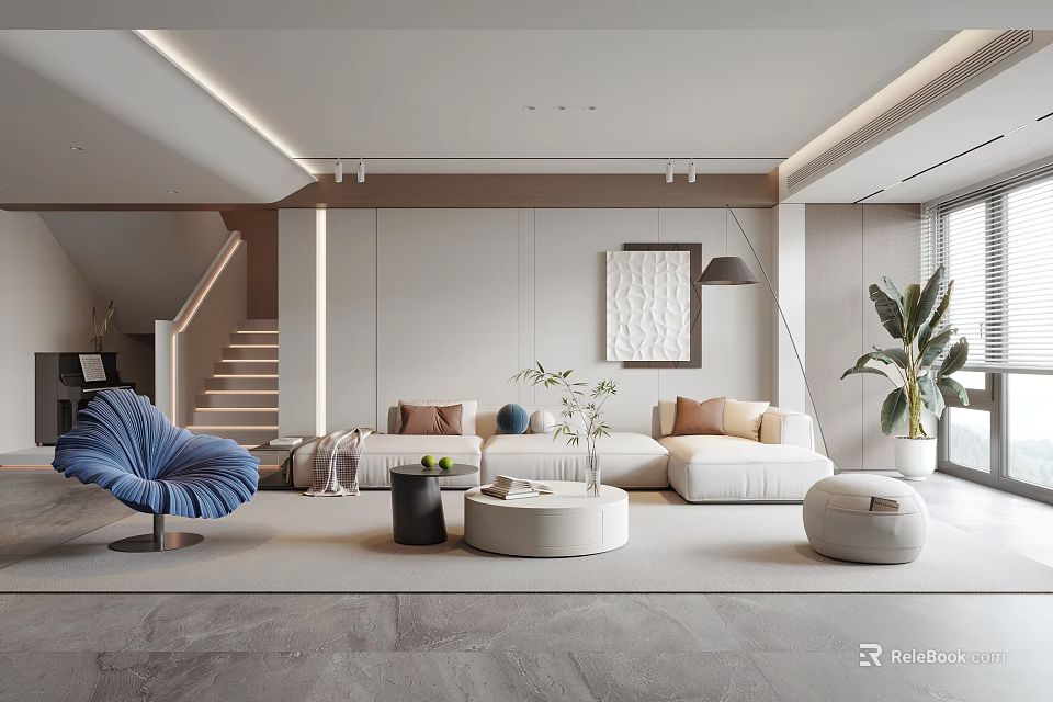 Modern Living Room Interior With Light Sofa Blue Accent Chair Round Table Wall Art And Plants 3d model 