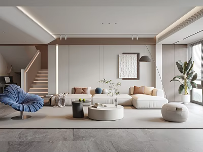 Modern Living Room Interior With Light Sofa Blue Accent Chair Round Table Wall Art And Plants 3d model