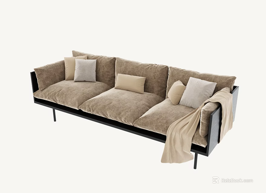 Beige Three-Seater Sofa With Soft Cushions Black Armrests Metal Legs And Throw Blanket 3d model 