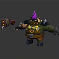 Muscular Game Movie Character With Purple Spiked Hair Metal Spiked Armor And Large Hammer