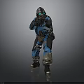 Man In Blue And Black Combat Suit With Helmet Green Glowing Eyes Holding Weapon