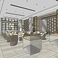 Modern Sales Office Interior With Comfortable Sofas Chairs Coffee Tables And Elegant Chandelier