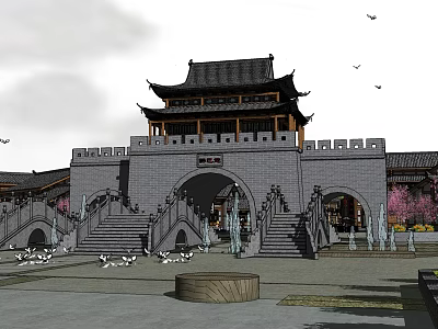 Ancient City Gate Tower Architecture With Gray Wall Black Roof And Stone Steps 3d model