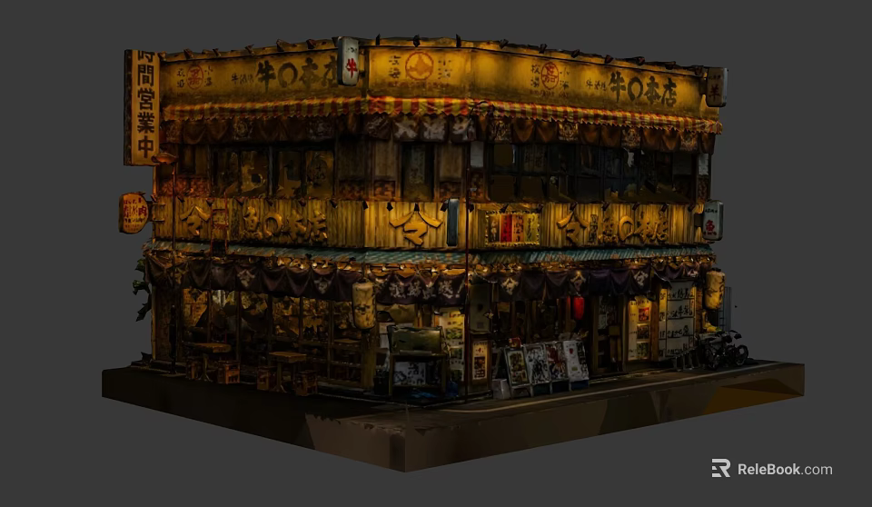 Cartoon Scene Of Traditional Japanese Multi layered Building With Lanterns And Vintage Signs 3d model 