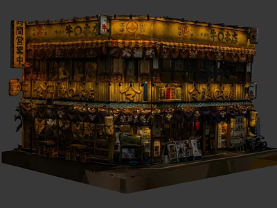 Cartoon Scene Of Traditional Japanese Multi layered Building With Lanterns And Vintage Signs 3d model