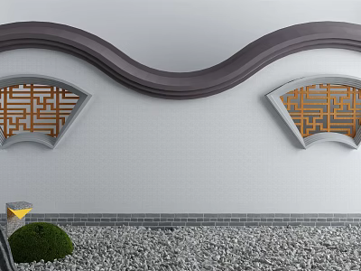 Gray Architectural Exterior Wall With Wavy Decorative Strip And Orange Geometric Fan Windows 3d model
