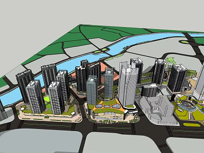 Modern High Rise Office Buildings With River And Green Spaces In Urban Area 3d model