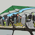 Modern High Rise Office Buildings With River And Green Spaces In Urban Area
