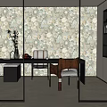 Modern Study Room Interior Design With Patterned Wallpaper Wooden Desk And Upholstered Chair