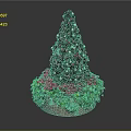 Decorated Christmas Tree With Colorful Ornaments Red Poinsettias And Green Foliage In Planter