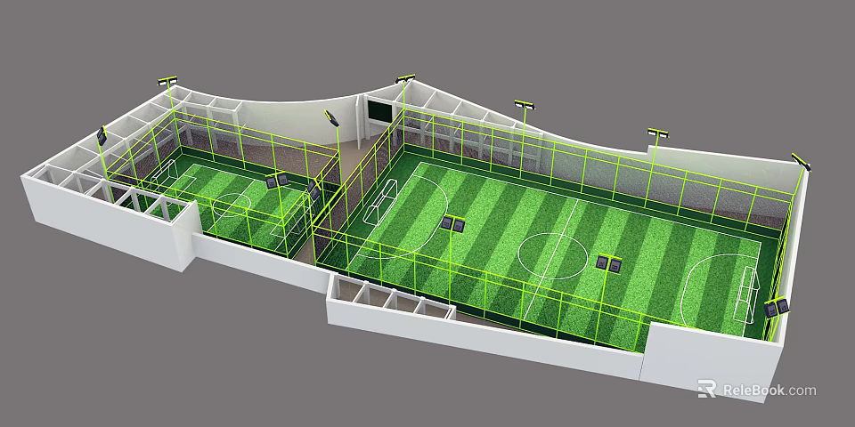 Indoor Double Football Pitches With Green Turf White Lines Yellow Fences And Lighting 3d model