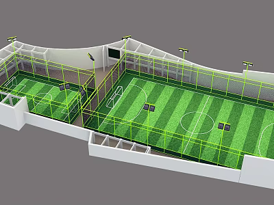 Indoor Double Football Pitches With Green Turf White Lines Yellow Fences And Lighting 3d model