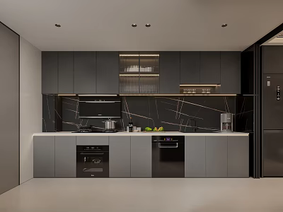 Modern Kitchen With Dark Gray Cabinets Geometric Tile Backsplash And Appliances 3d model