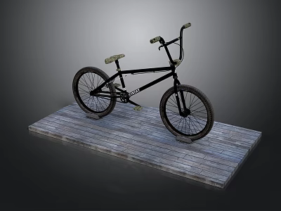 Black Bicycle Standing on a Wooden Plank Platform with Gray Background 3d model