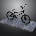 Black Bicycle Standing on a Wooden Plank Platform with Gray Background