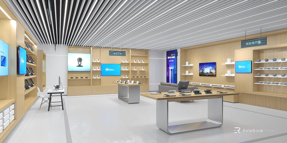 Modern Digital Store Interior With Displayed Electronics TV Screens On Walls And Shelves 3d model 