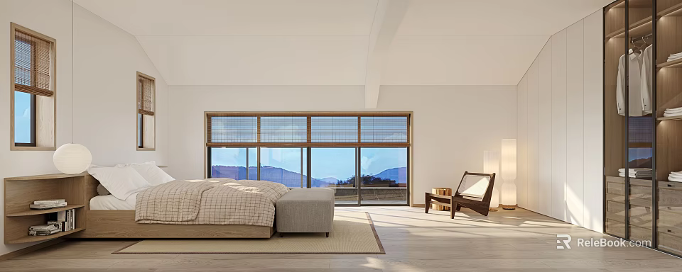 Minimalist Modern Bedroom Interior With Large Windows Mountain View Bed Chair And Wooden Floor 3d model 