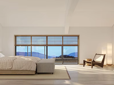 Minimalist Modern Bedroom Interior With Large Windows Mountain View Bed Chair And Wooden Floor 3d model