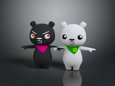 Two Black and White Bears Holding Hands with Red Eyes and Green Scarf on Gray Background 3d model