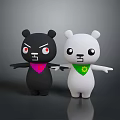 Two Black and White Bears Holding Hands with Red Eyes and Green Scarf on Gray Background