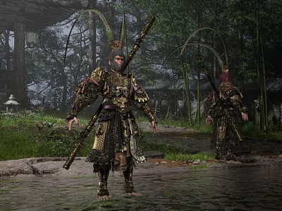 Game Movie Character in Ornate Golden Armor Holding Spear in Ancient Forest Setting 3d model