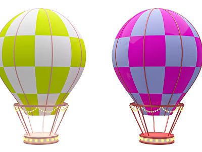 Two Vibrant Checkered Hot Air Balloons Photo Taking Spot With Decorative Lights 3d model