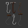 Various Metal Hardware Tools With Wooden Handles And Different Hook Shapes On Dark Background