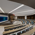 Modern Conference Room Interior With Curved Seating Large Screen Wooden Walls And Recessed Lighting