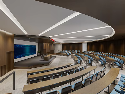 Modern Conference Room Interior With Curved Seating Large Screen Wooden Walls And Recessed Lighting 3d model